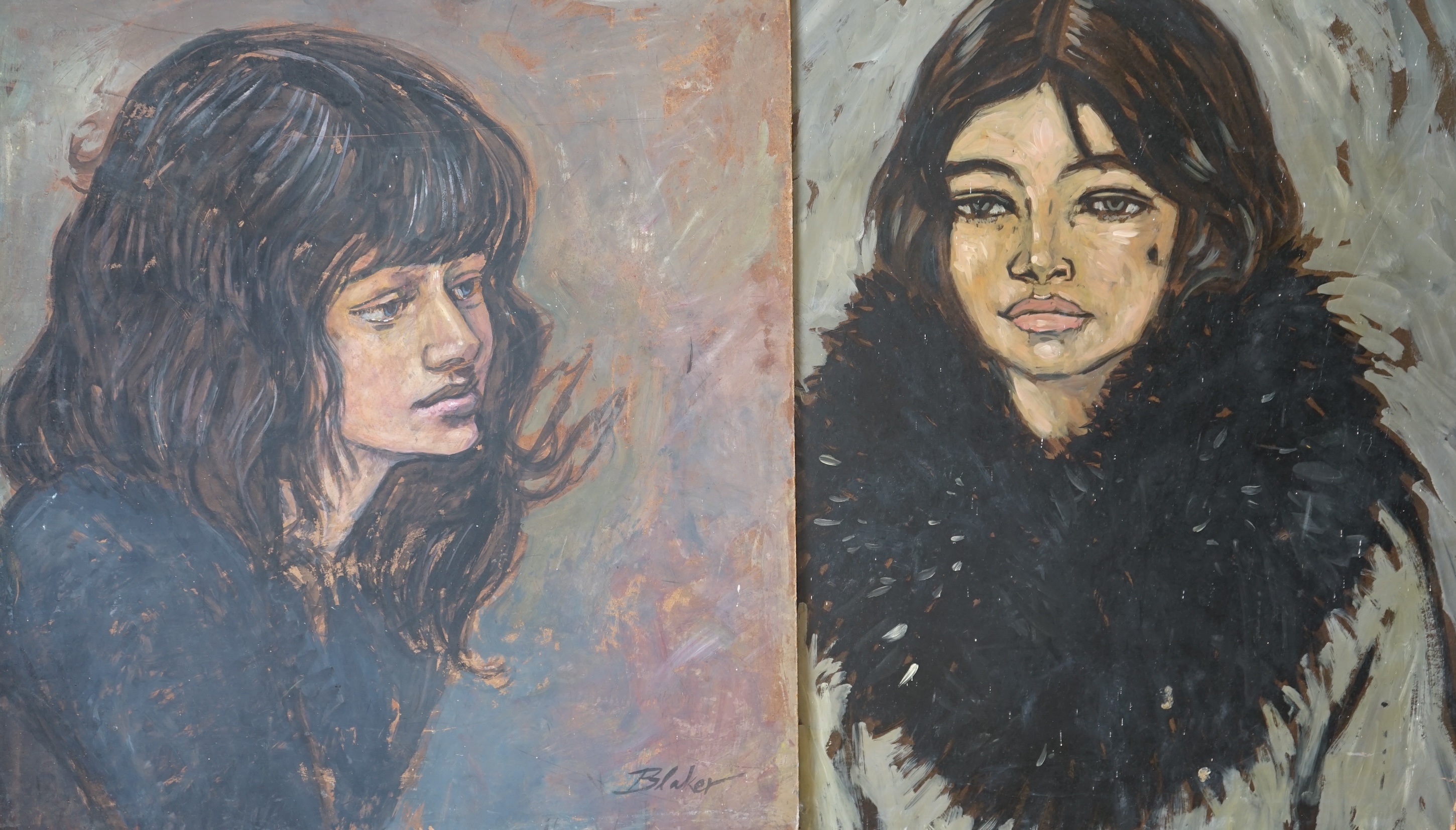 Michael John Blaker (1928-2018), two oils on board, Female portraits, each signed, 66 x 55cm, unframed. Condition - fair